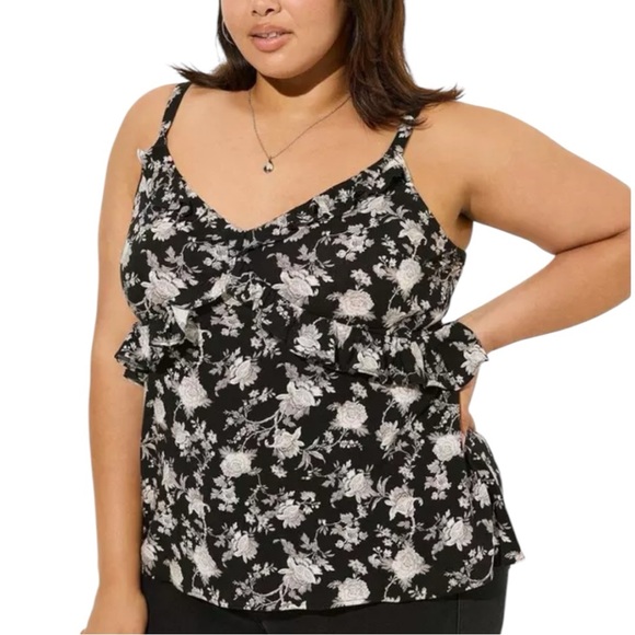 Rayon Slub Floral Ruffle V-Neck Cami - Picture 1 of 7